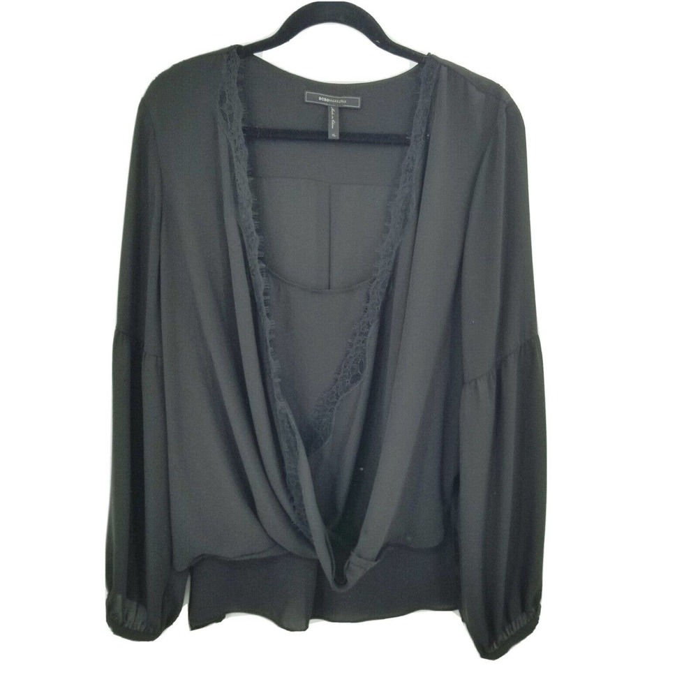 BCBGMaxazira black faux wrap blouse womens size XL long sleeve shell lace trim